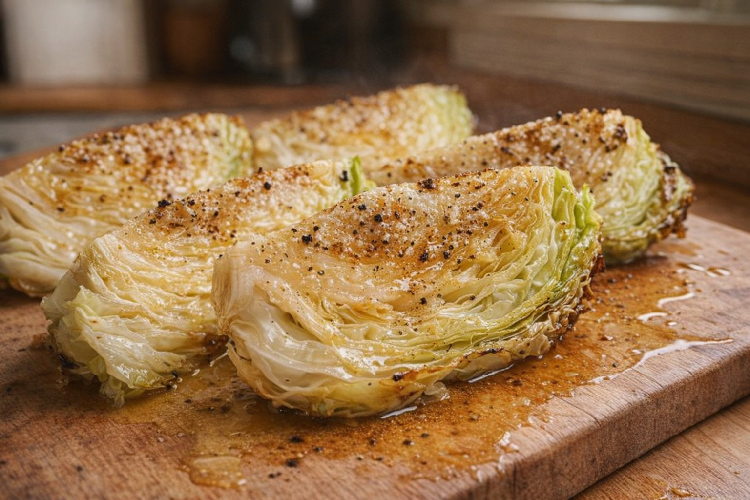 A close-up shot of perfectly boiled cabbage wedges, lightly browned, glistening with melted butter, sprinkled with black pepper, on a rustic wooden cutting board, warm natural light